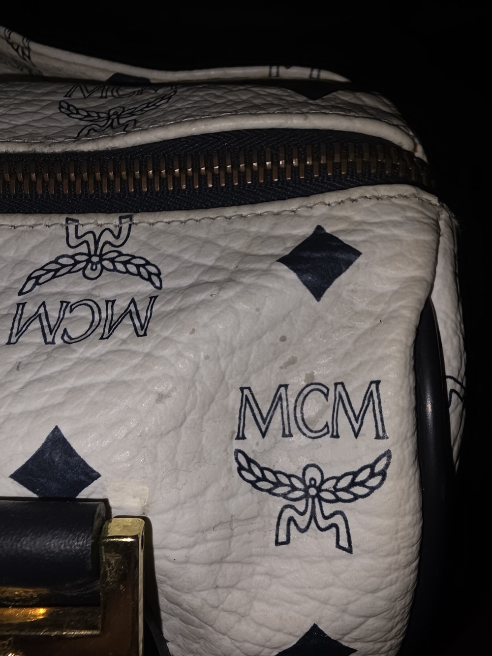 MCM White & Blue Visetos Boston Bag with Gold Hardware - Picture 9 of 16